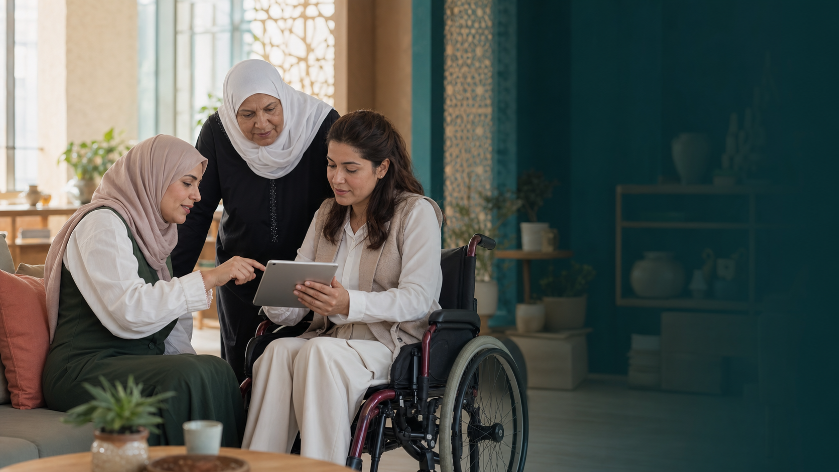 نساء يعملن معاً في مساحة مجتمعية ميسّرة